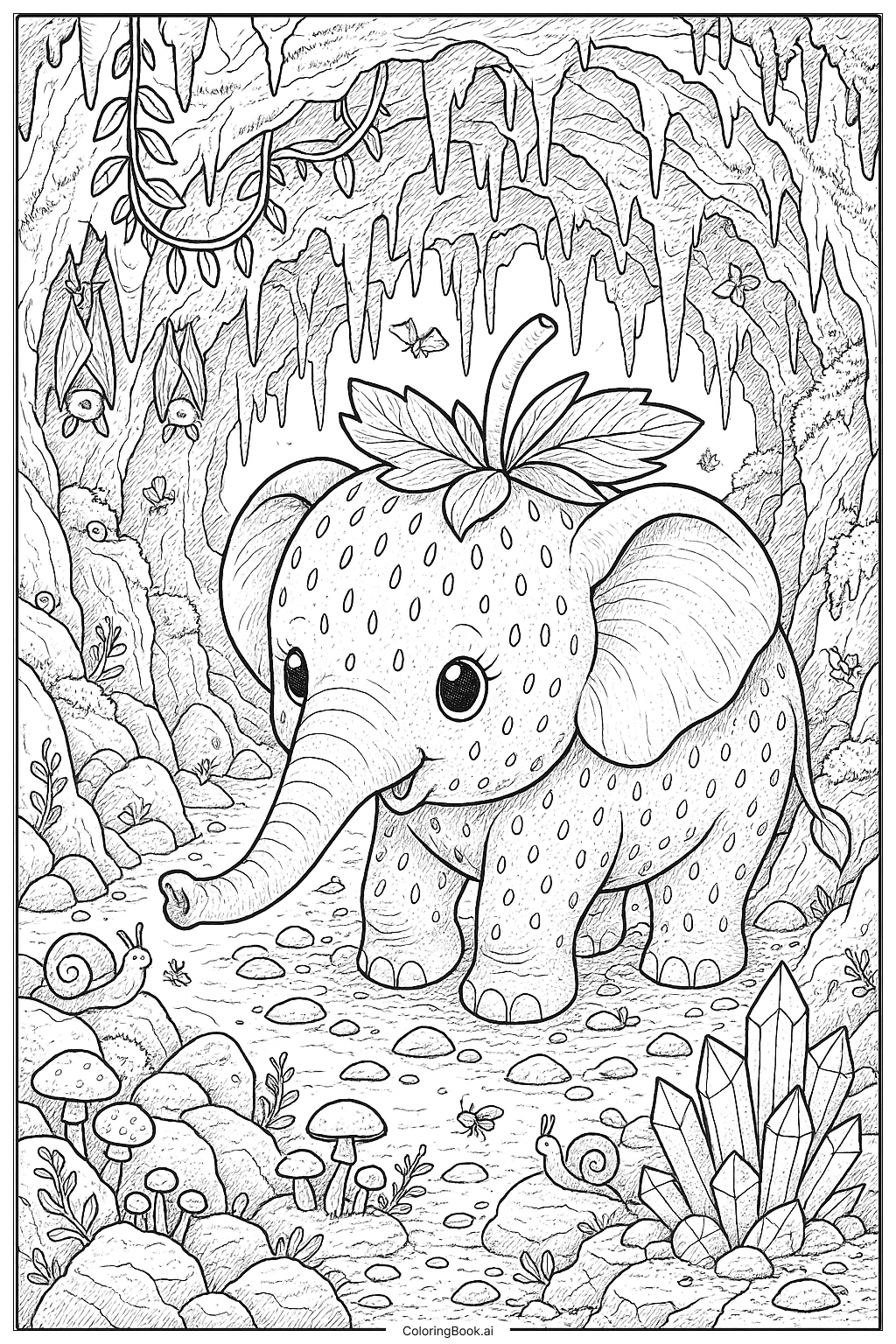  草莓大象探险隐藏洞穴填色页 