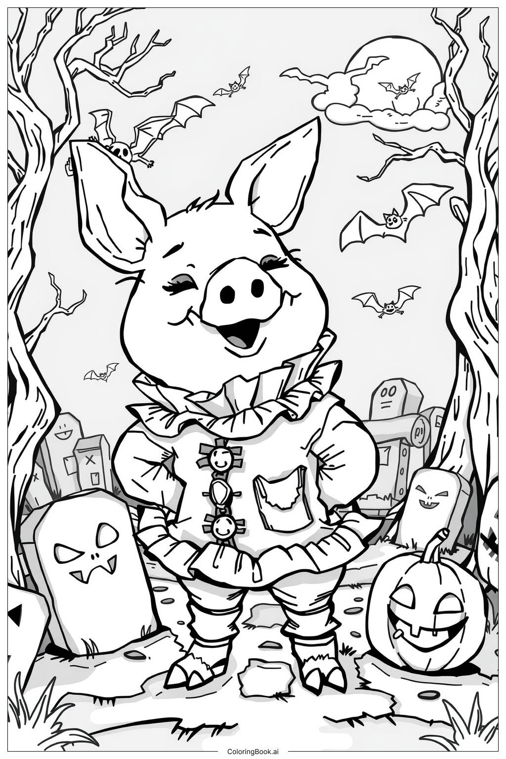  Page de coloriage Cochon lors de la nuit d'Halloween -2 