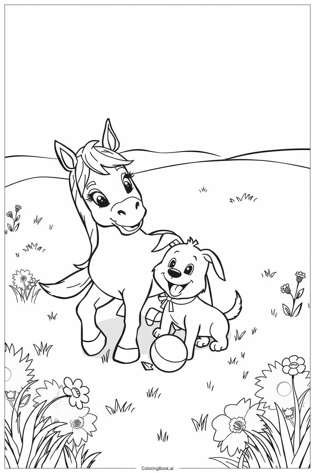  Página para colorear de Caballo y perro jugando juntos 