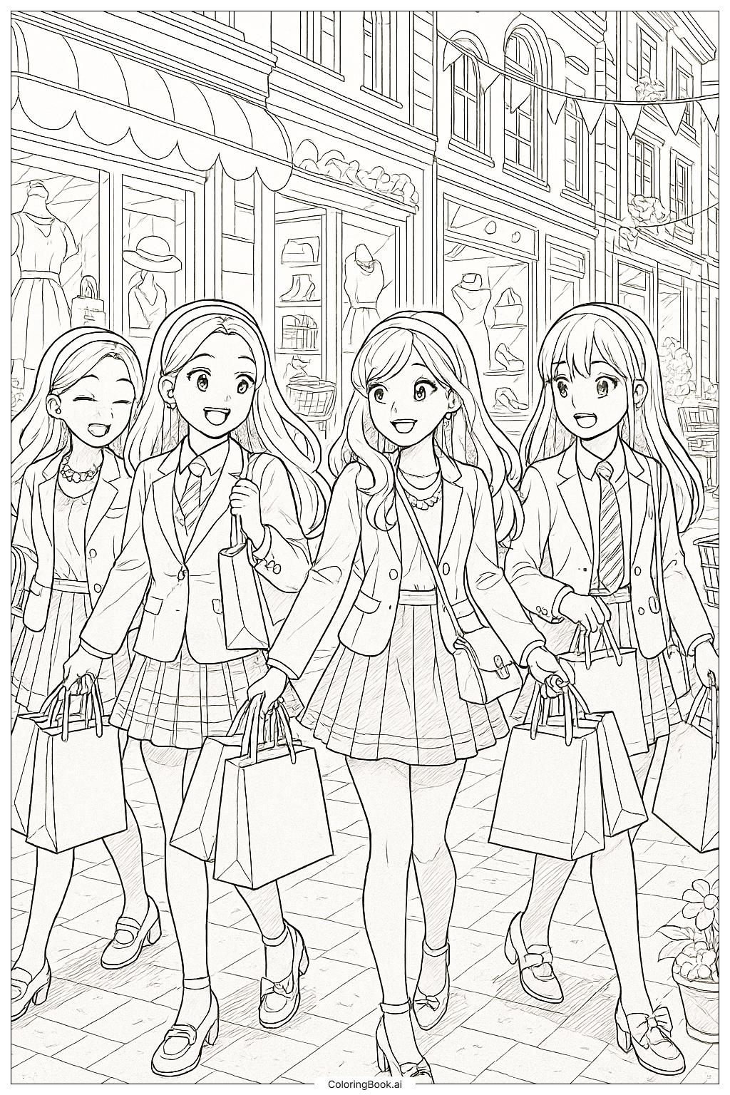 Preppy Girls on a Shopping Spree Coloring Page