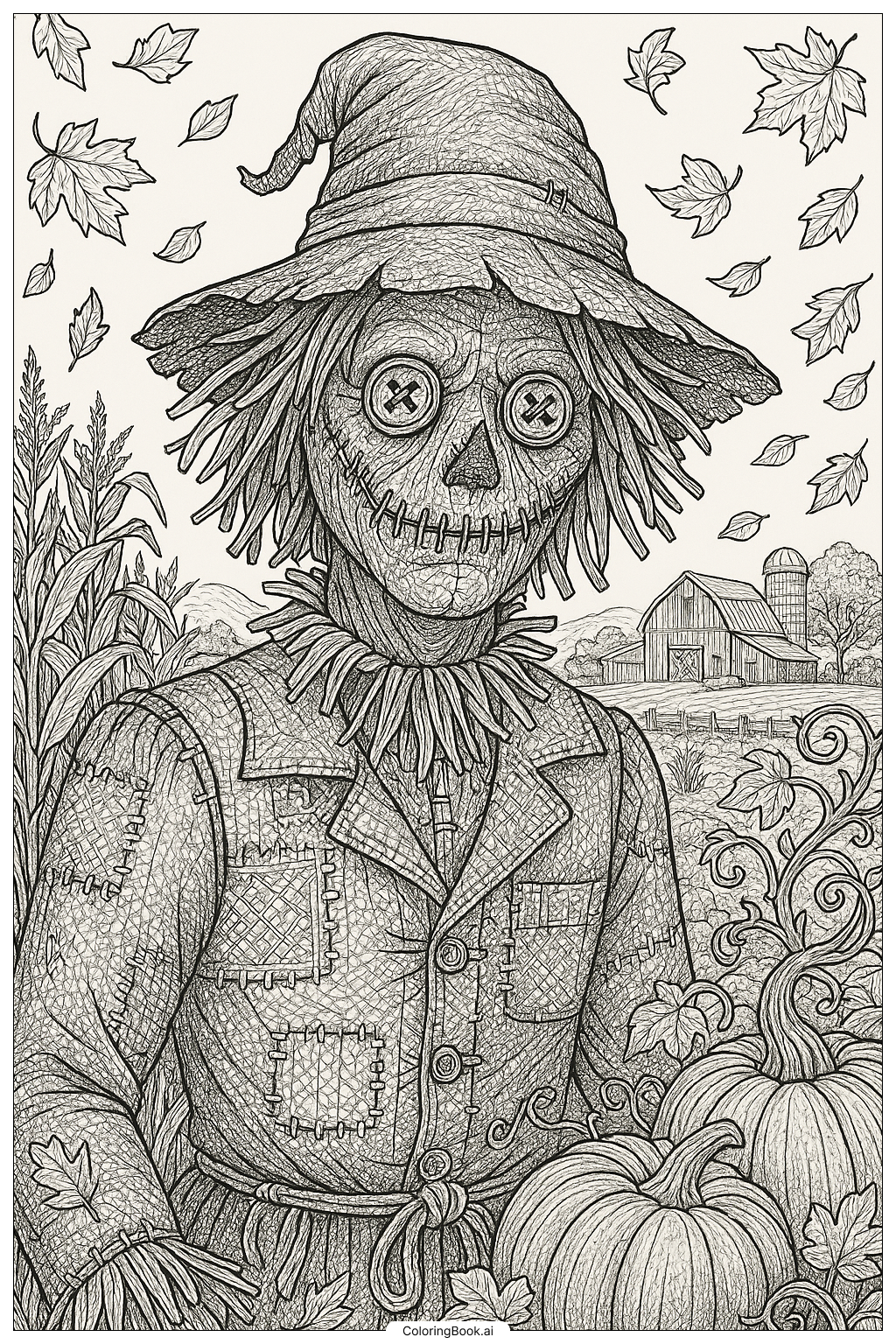 Intricate Scarecrow Portrait With Detailed Textures Coloring Page