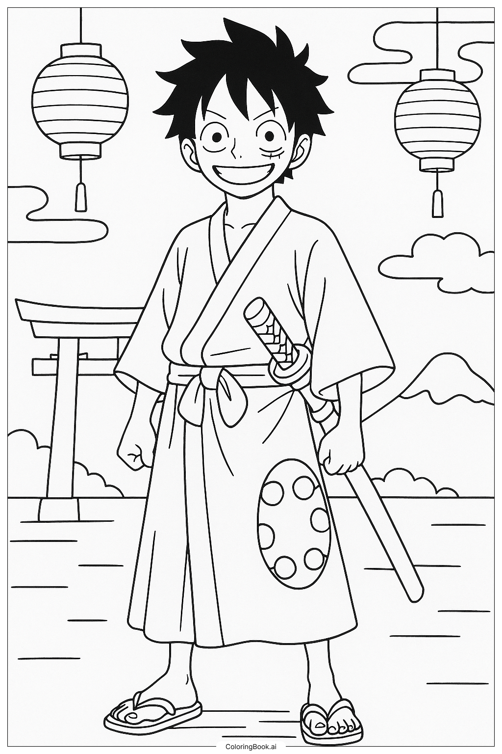  和服を着たルフィの塗り絵ページ 