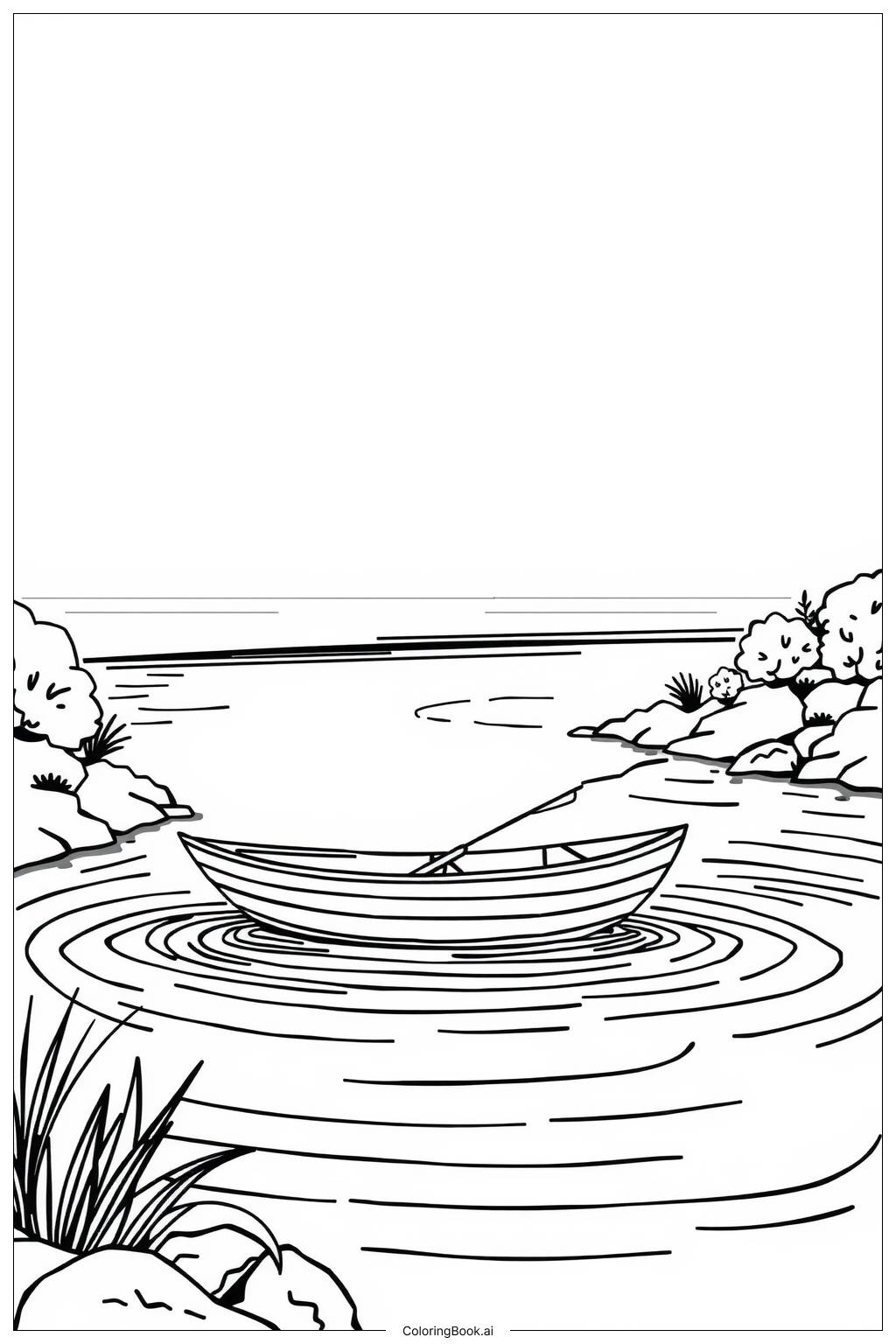  Page de coloriage Bateau de pêche sur une rivière calme 