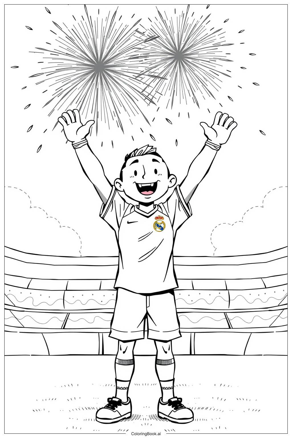  Ronaldo in a Stadium with Fireworks Celebrating Victory Coloring Page 