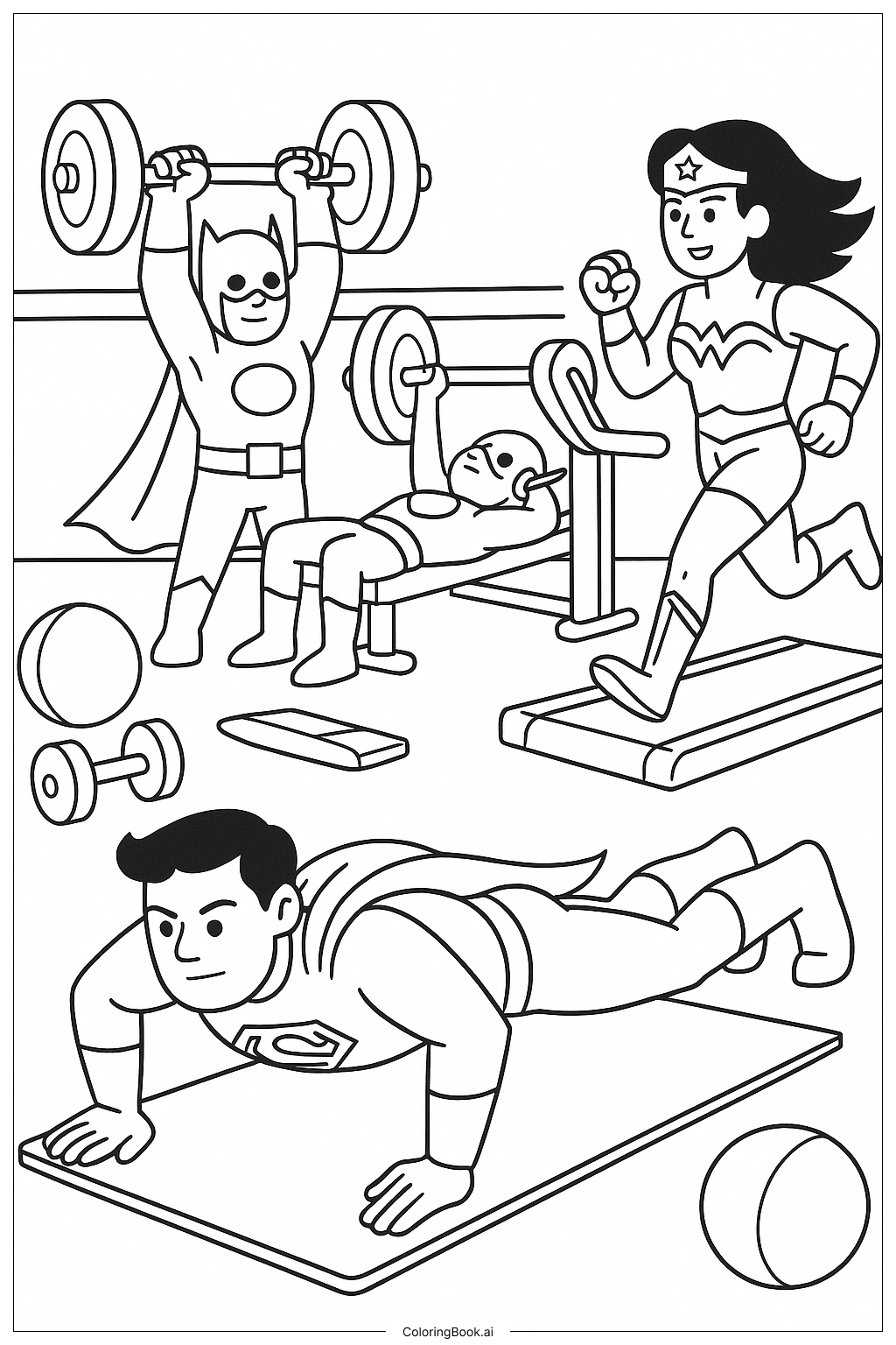 Superheldentraining im Fitnessstudio Ausmalseite