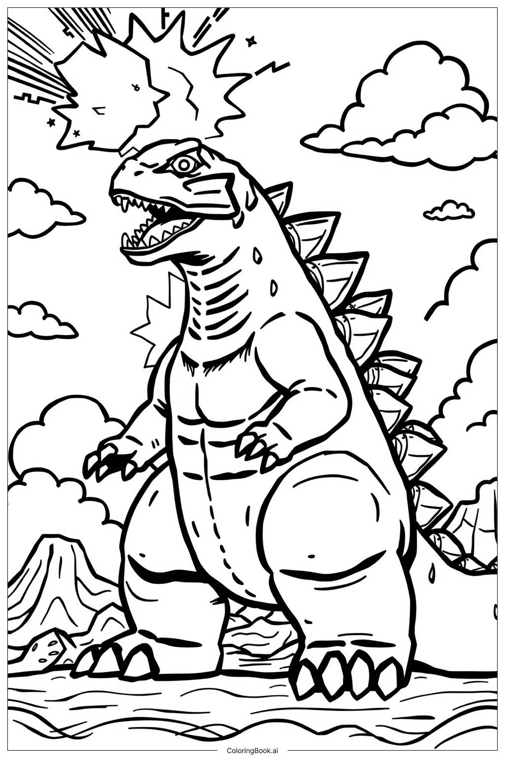  Página para colorear de Godzilla respirando fuego atómico 