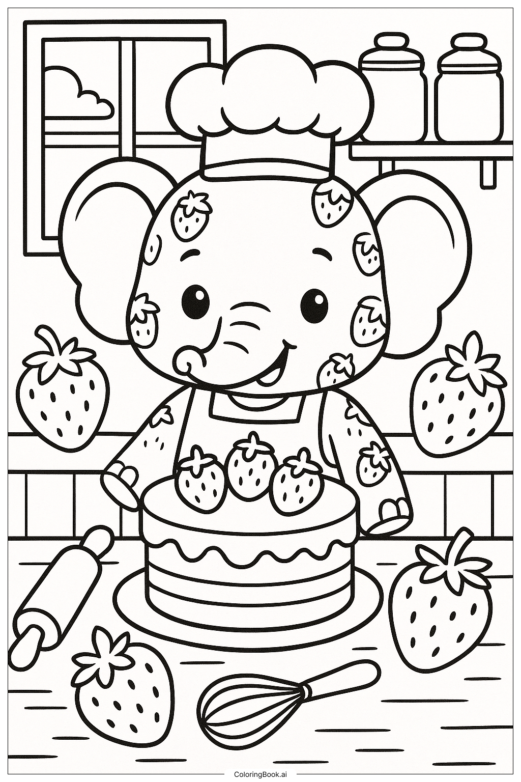  草莓大象面包师和蛋糕填色页 