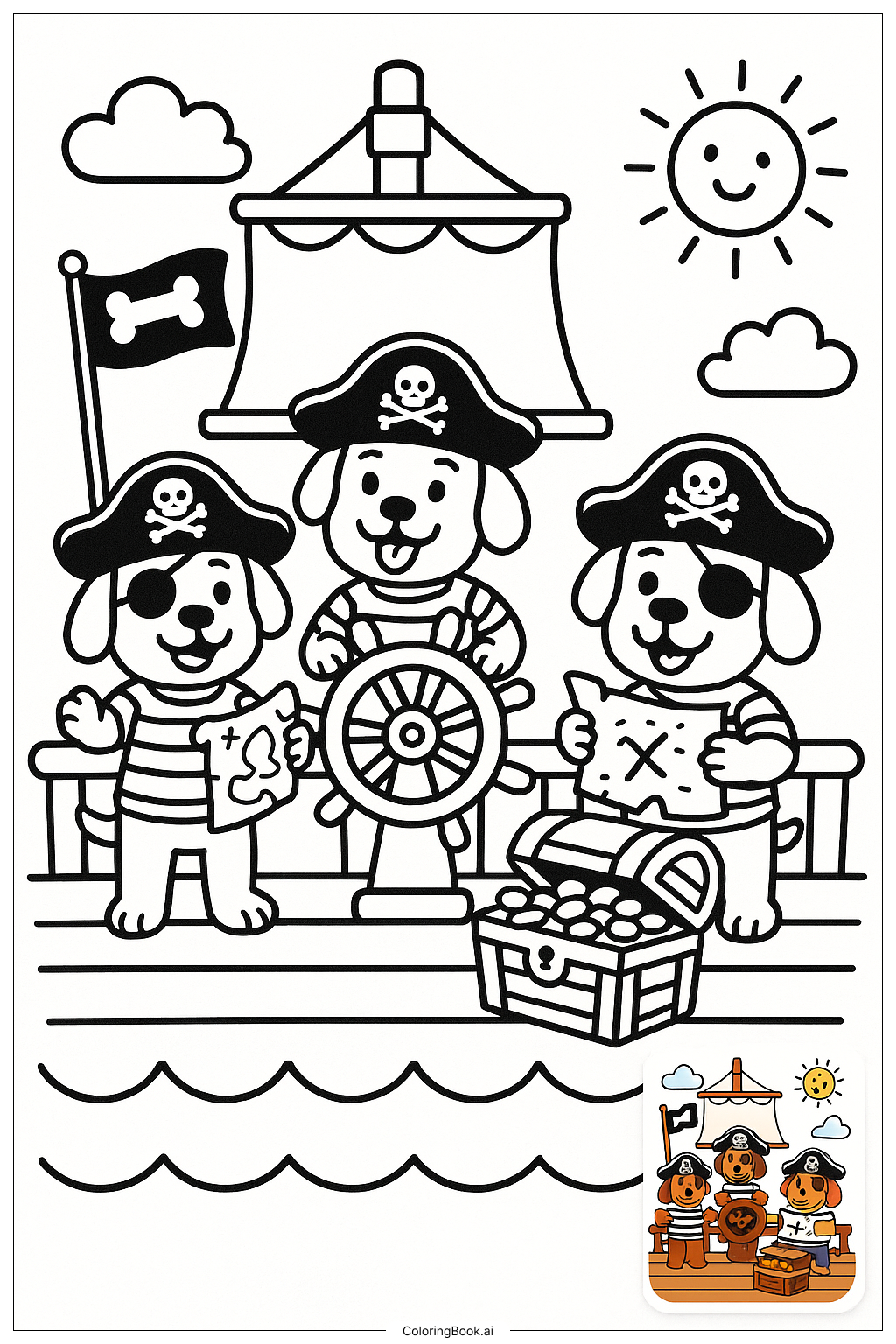  狗狗海盗船员填色页 
