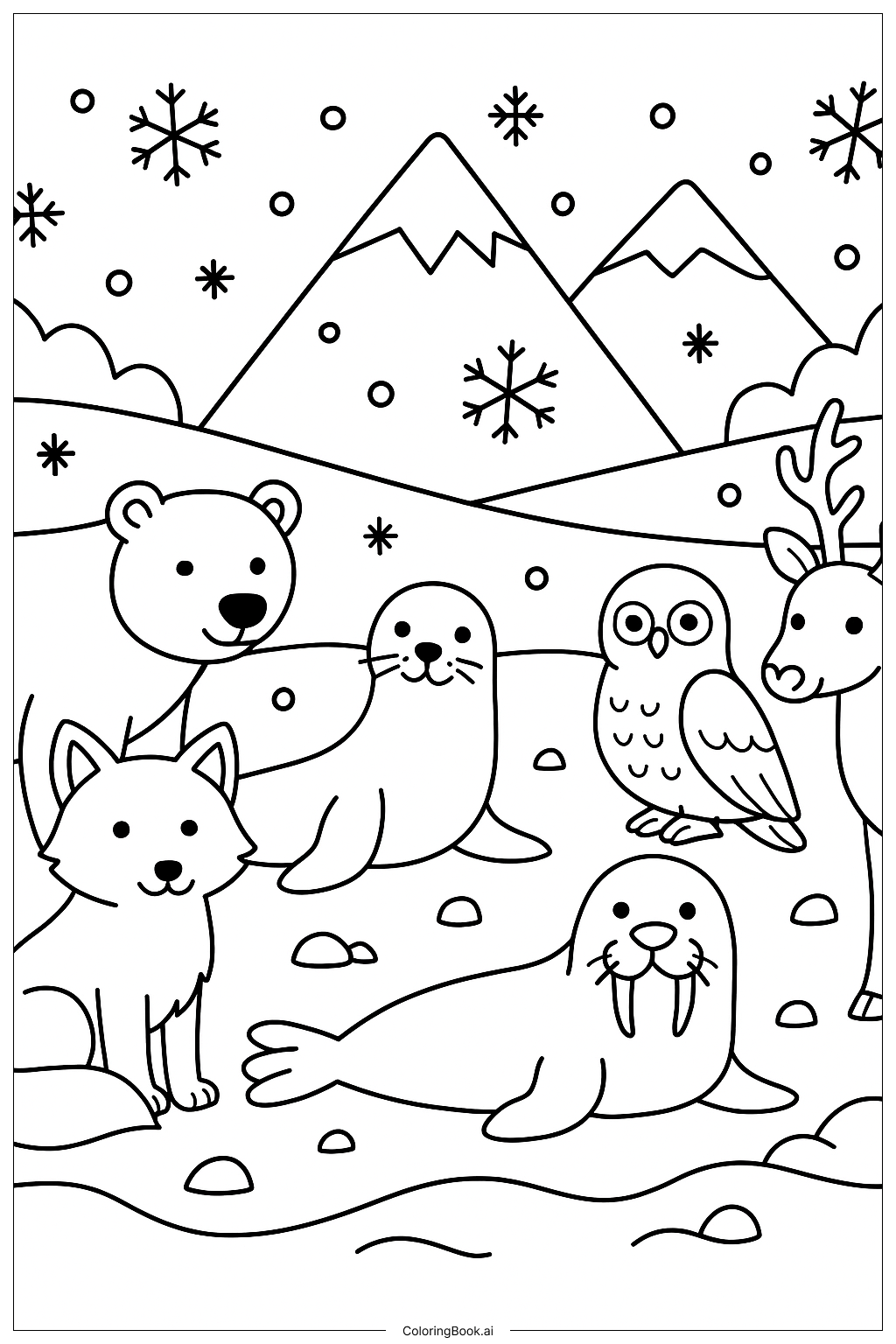  北極の動物たちのパノラマビューの塗り絵ページ 