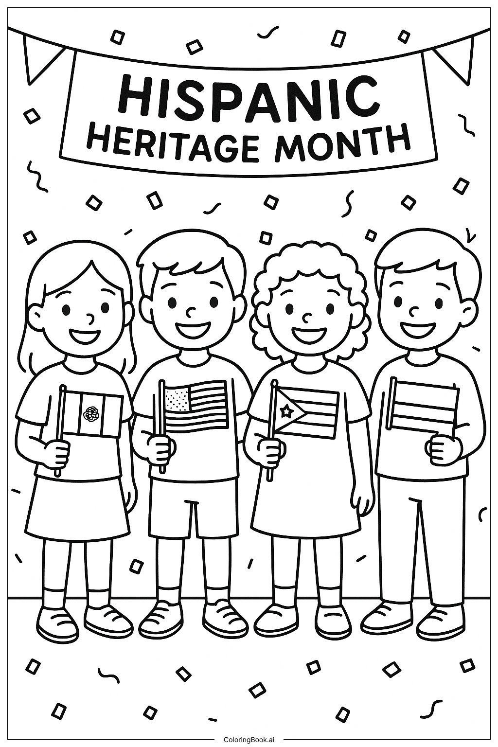  Kinder mit Flaggen zum Hispanic Heritage Month Ausmalseite 
