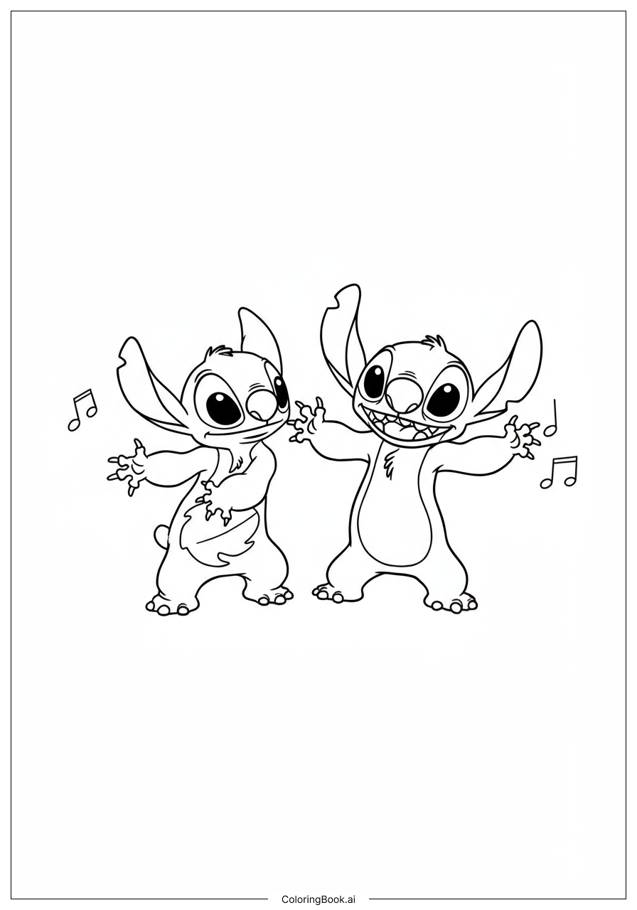  Stitch dancing with his friend Coloring Page 