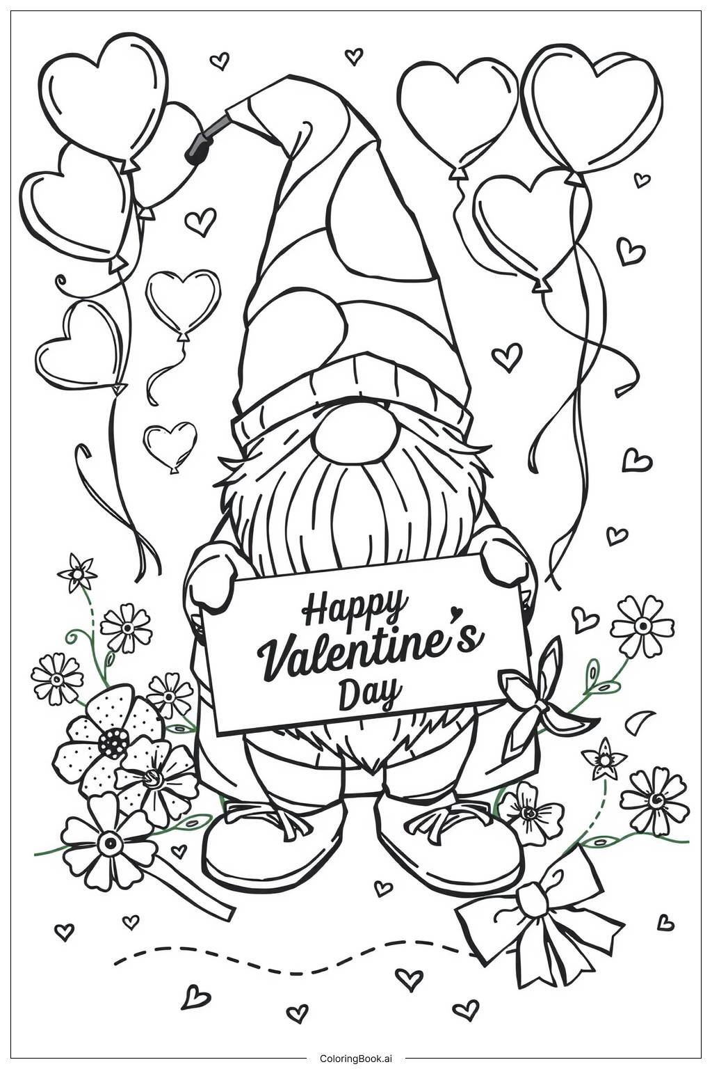  Page de coloriage Gnome de Saint-Valentin tenant 'Joyeuse Saint-Valentin' 