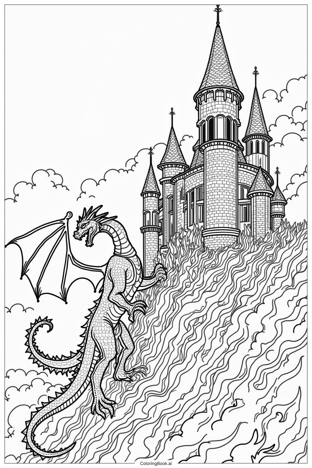  Page de coloriage Gardien de Dragon du Château de Conte de Fées 