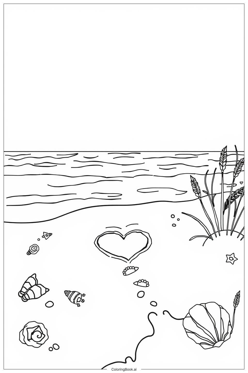  Page de coloriage Dessin de cœur dans le sable de plage-2 