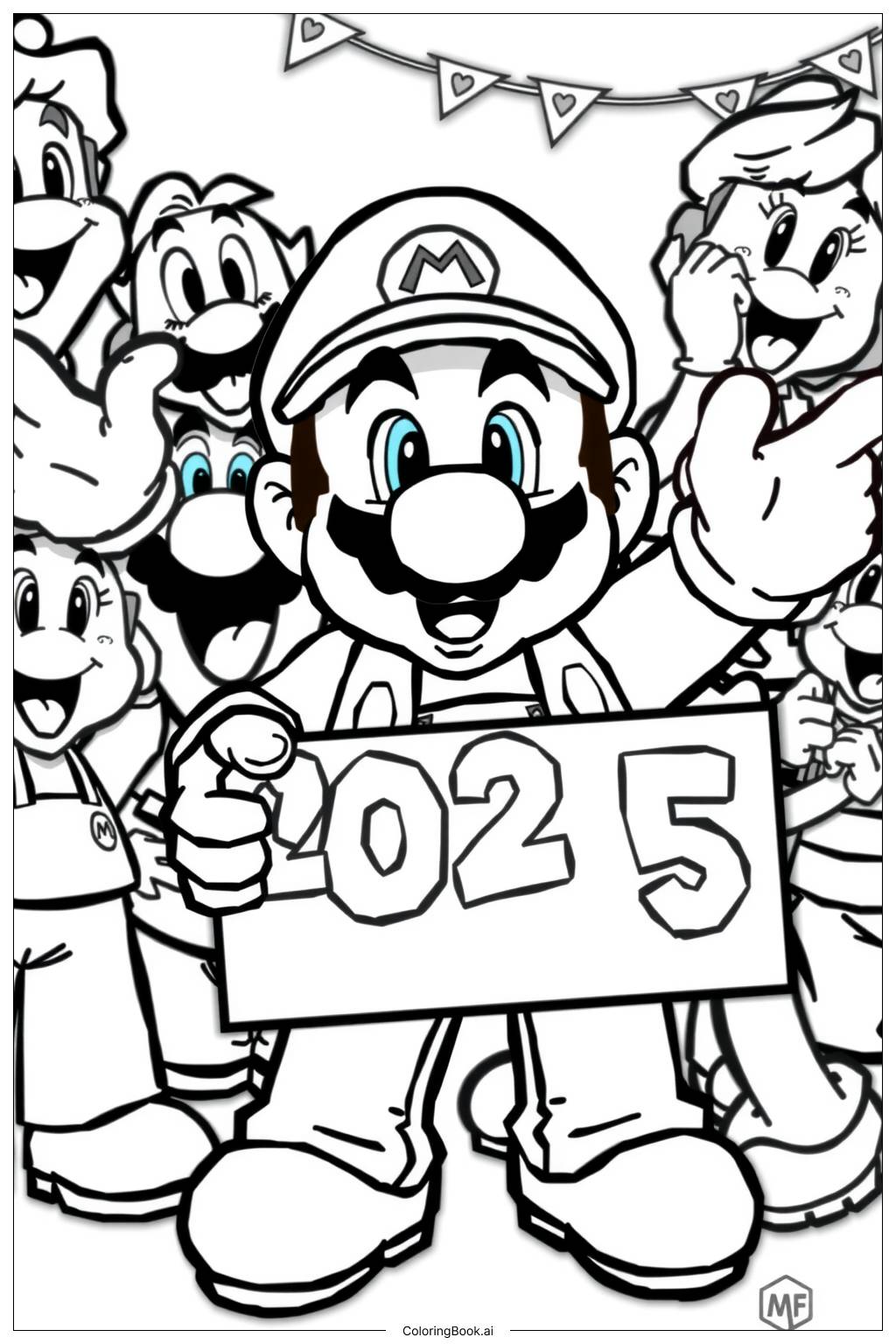  Page de coloriage Mario tenant une pancarte 2025 avec des amis 