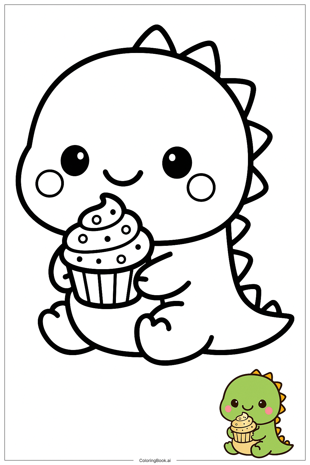  Page de coloriage Dinosaure Kawaii avec Cupcake 