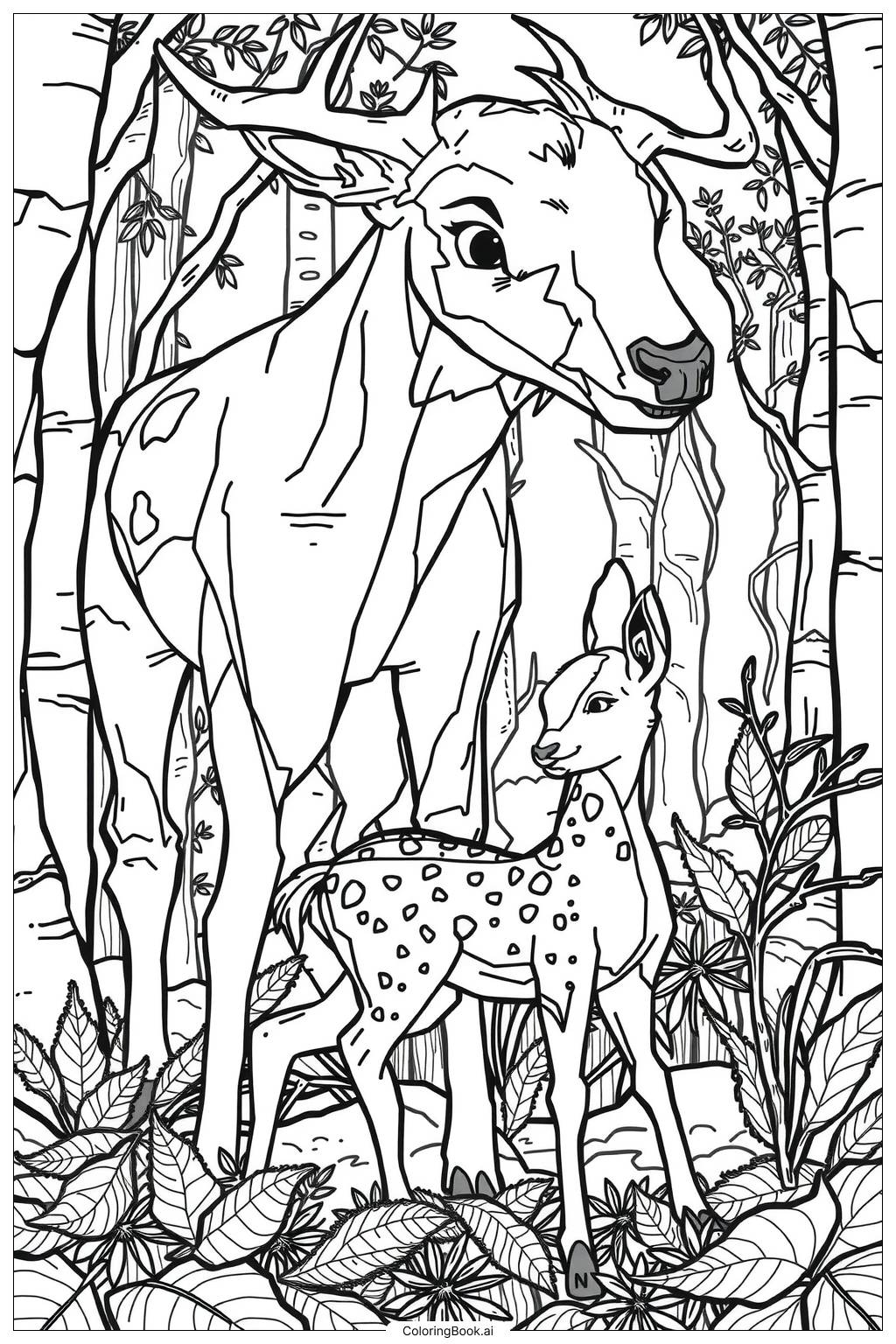  Deer Mother Protecting Fawn Coloring Page 