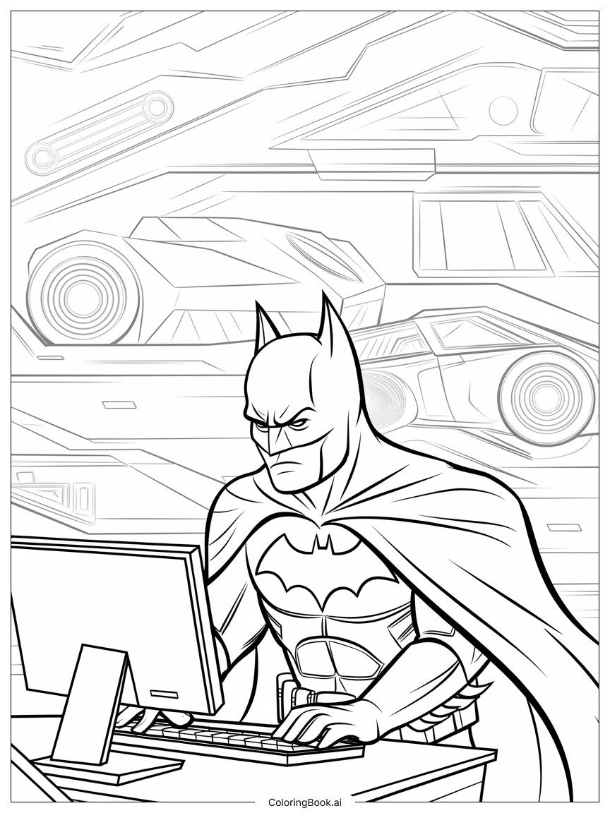  Page de coloriage Batman utilisant un ordinateur dans la Batcave 