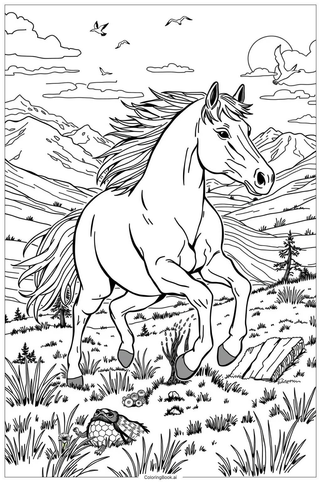  Page de coloriage Cheval Sauvage Réaliste Courant Librement-2 