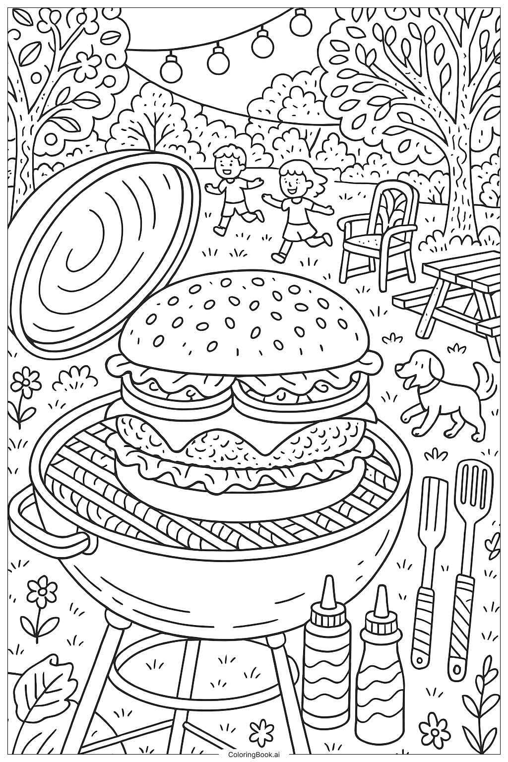  Page de coloriage Hamburger sur un grill lors d'un barbecue dans le jardin 