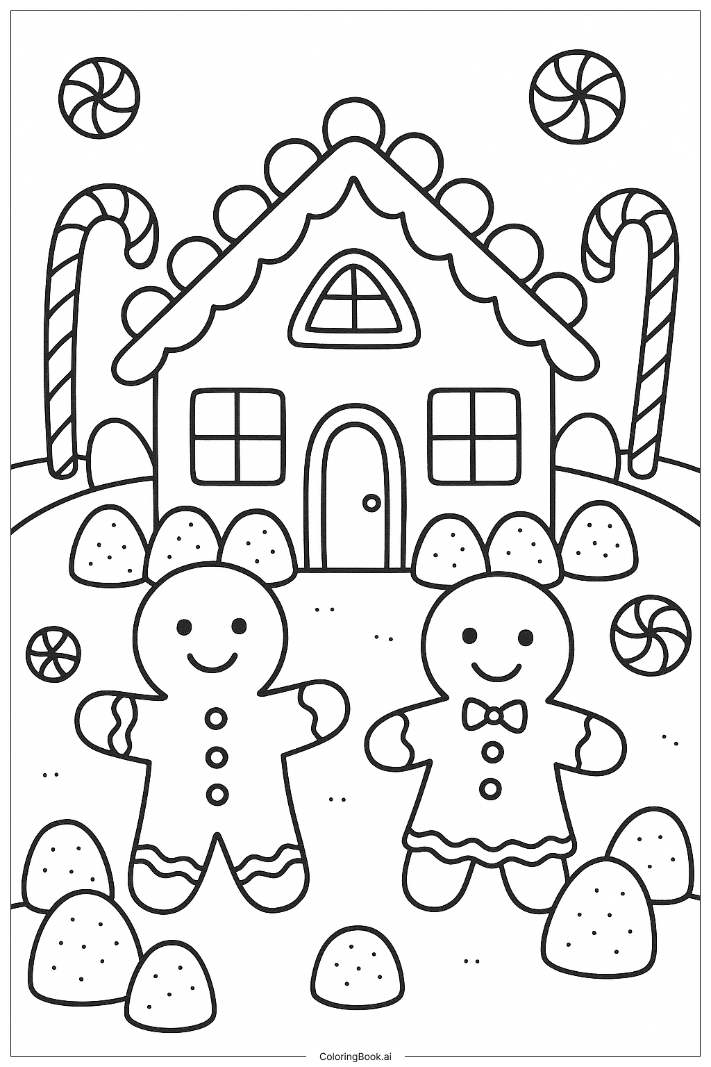  Gingerbread House And Two Gingerbread People Coloring Page 