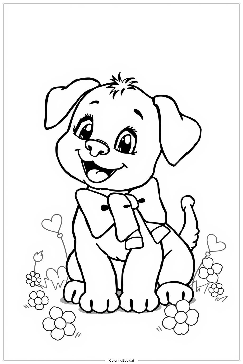  Página para colorir de Cachorrinho Kawaii com Laço 