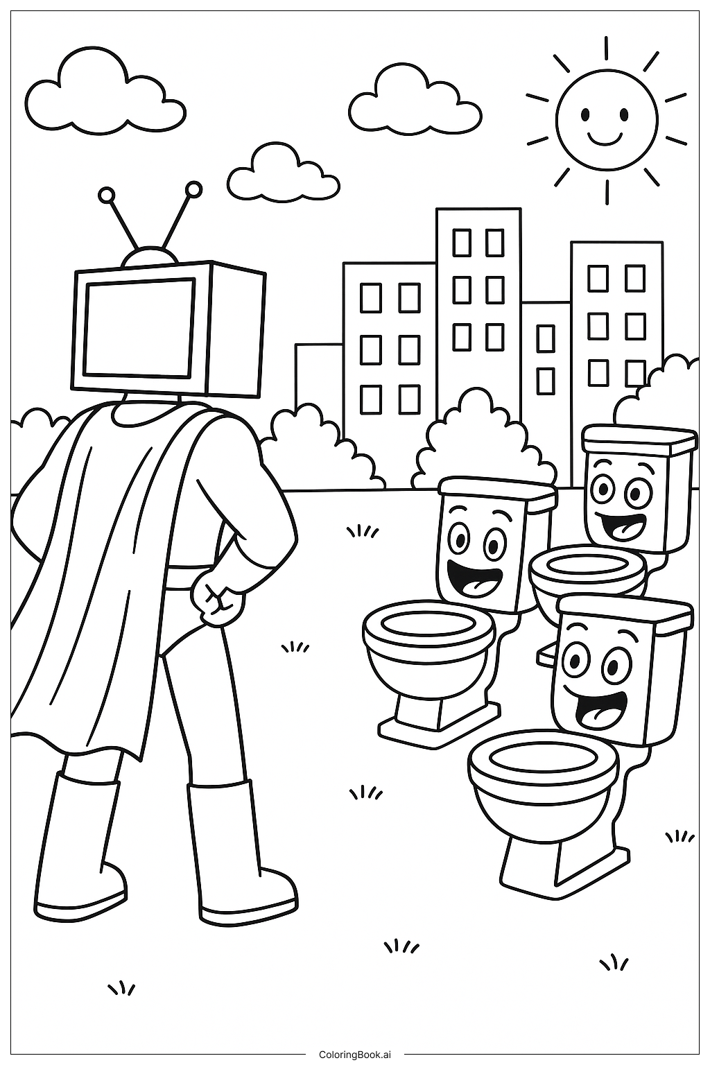  Page de coloriage Titan TV Homme contre une armée de Toilettes Skibidi 