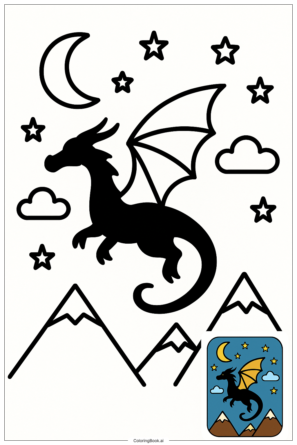  月のドラゴンのシルエット夜空に対しての塗り絵ページ 