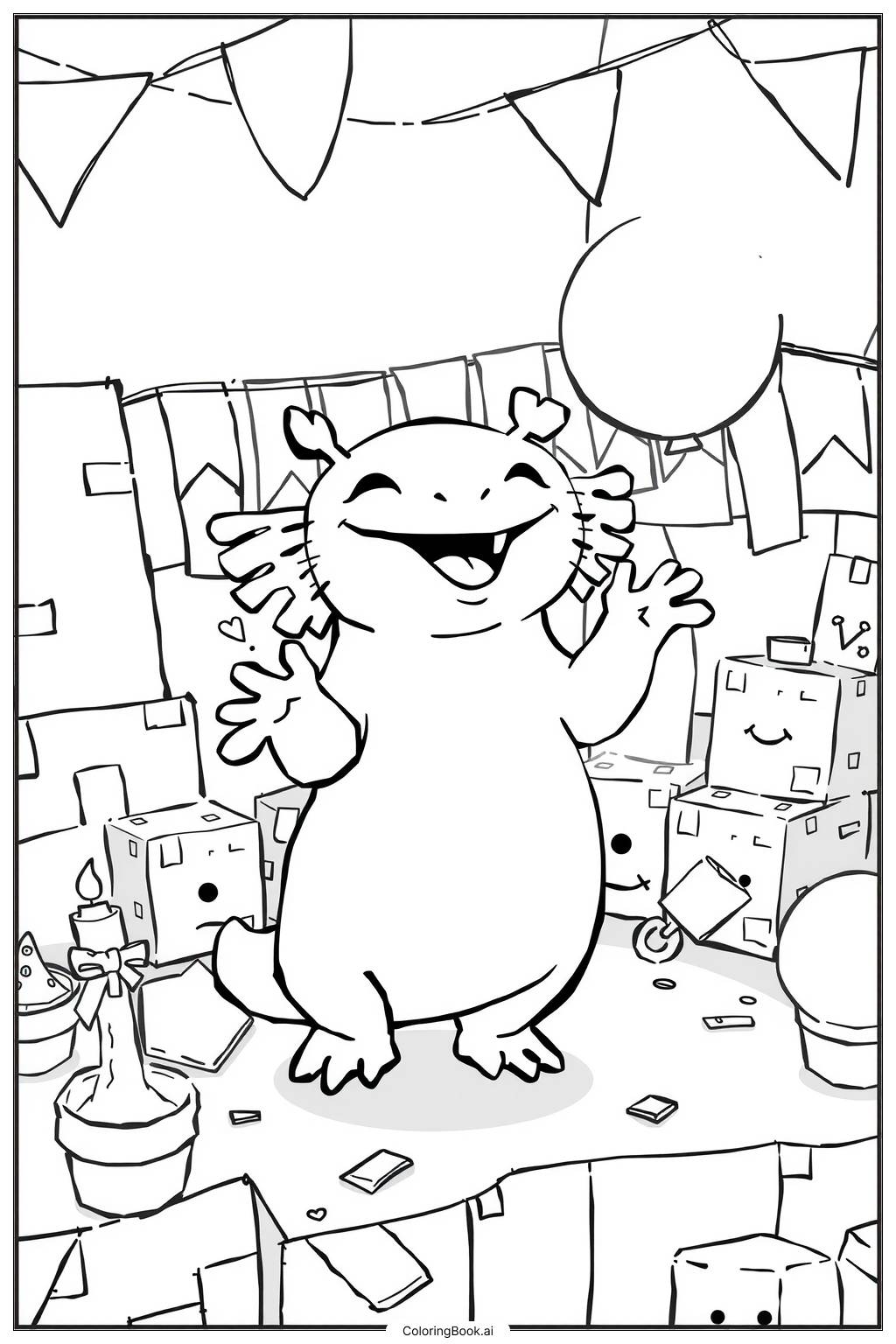 Axolotl Hosting a 2025 New Year Bash Coloring Page (Free PDF&PNG Printable)