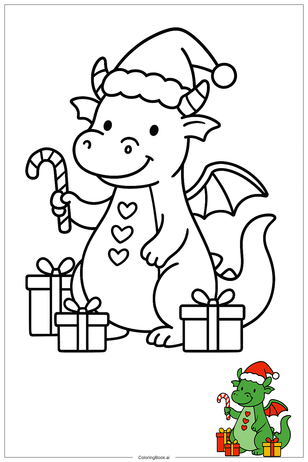  サンタ帽をかぶったクリスマスドラゴンの塗り絵ページ 