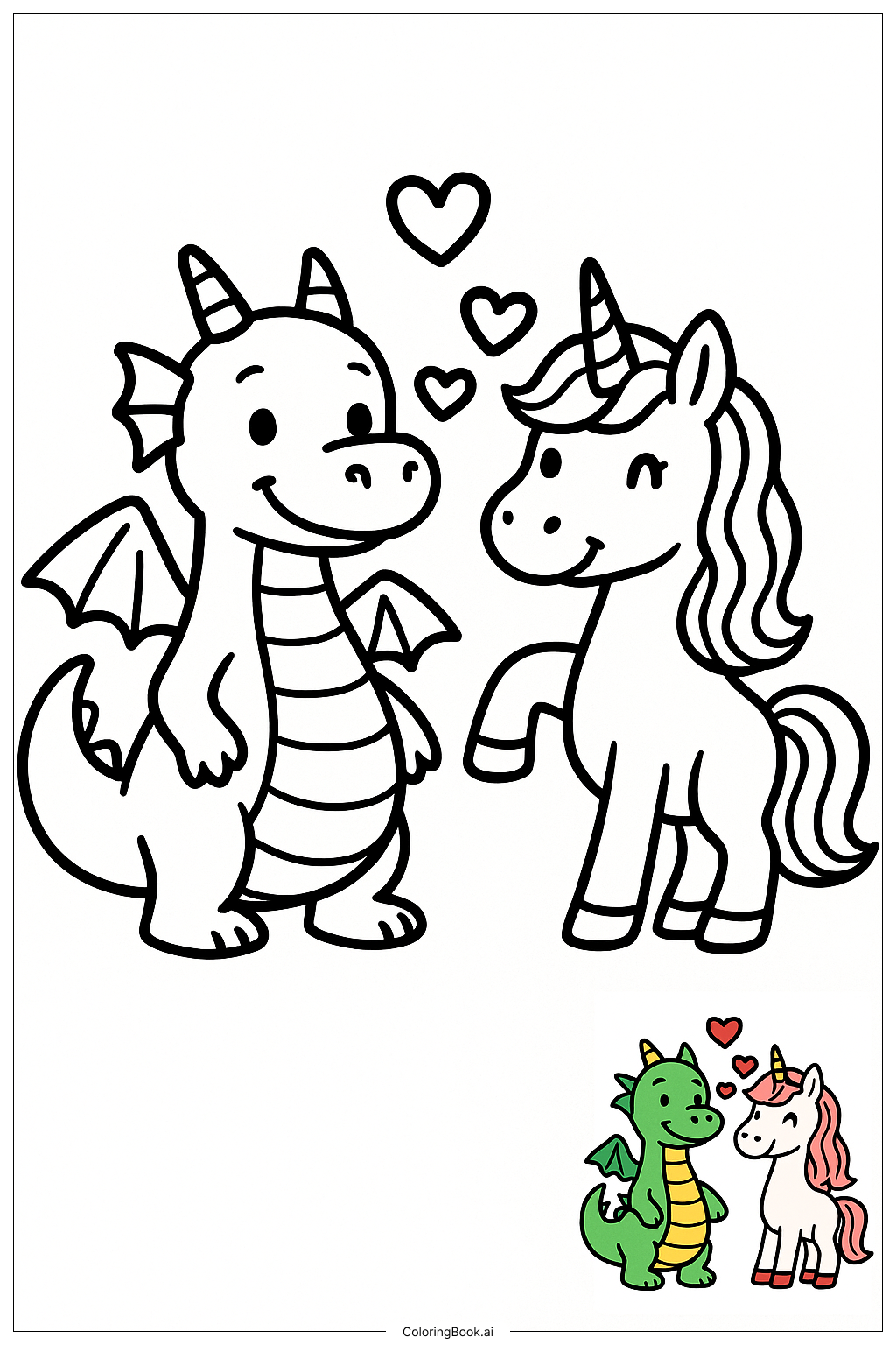  ドラゴンとユニコーンの友情シーンの塗り絵ページ 