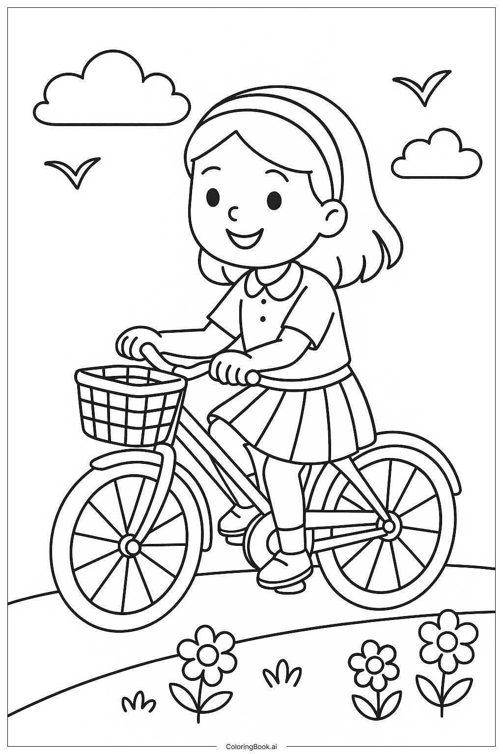 Preppy Girl Riding a Bicycle Coloring Page