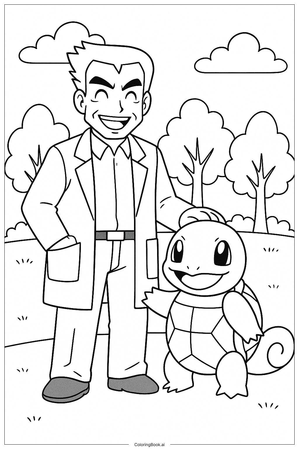 Página para colorear de Profesor Oak con Squirtle