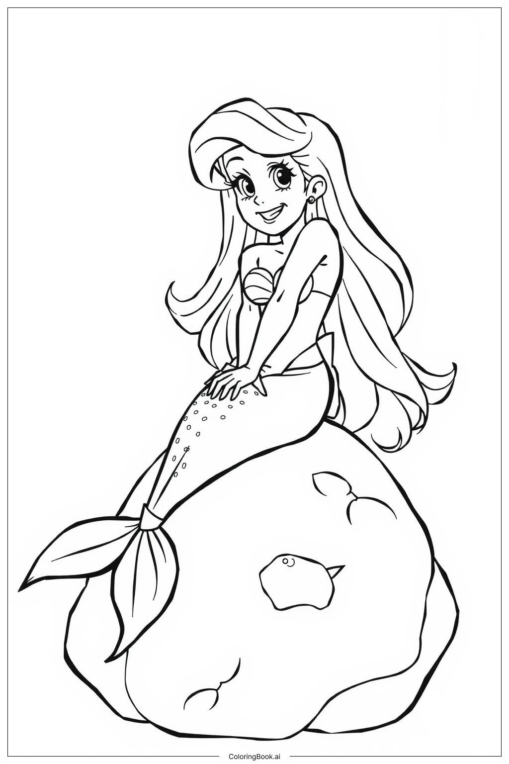  Page de coloriage Ariel assise sur un rocher avec des vagues océaniques 