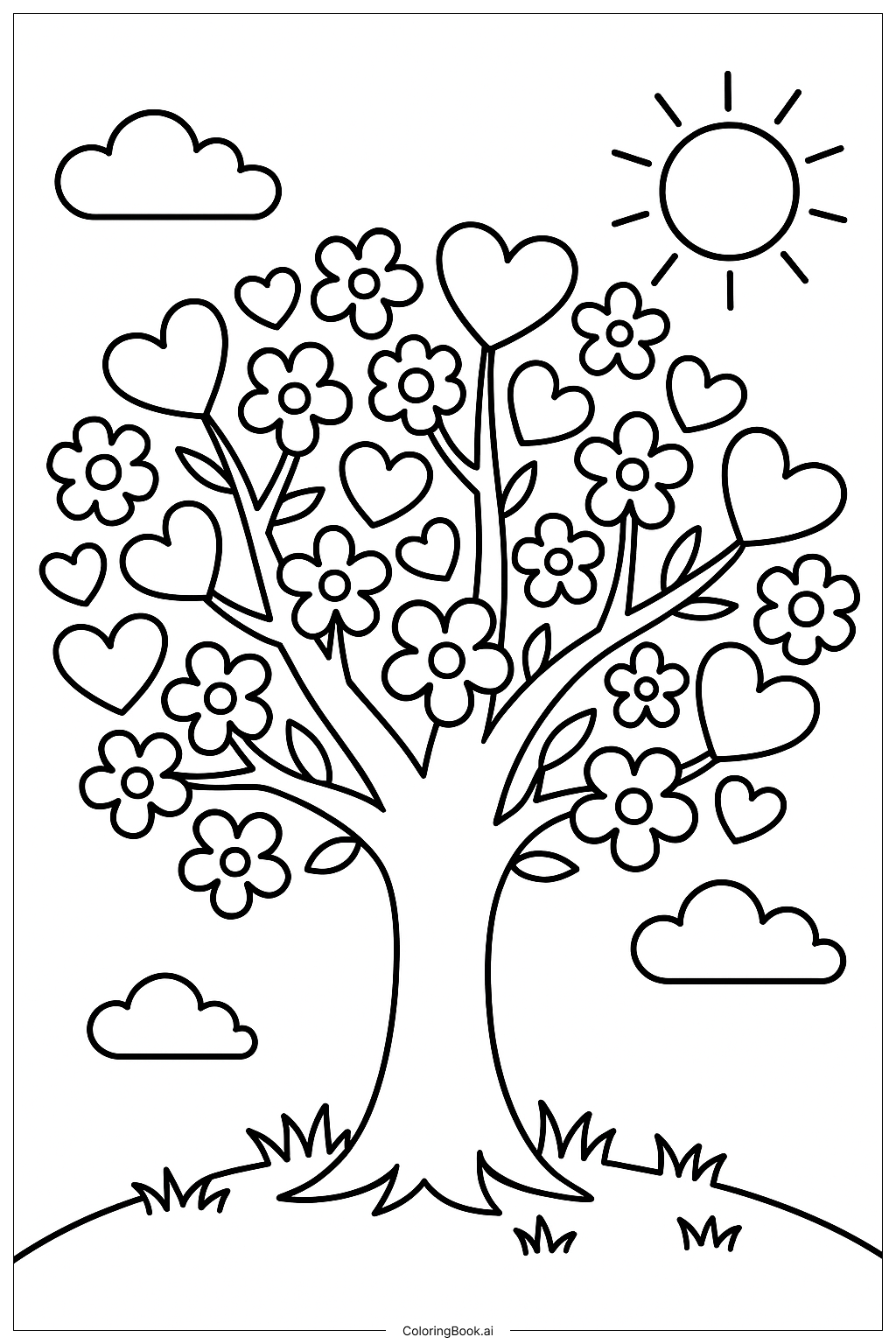  A Tree Growing Hearts and Flowers Coloring Page 