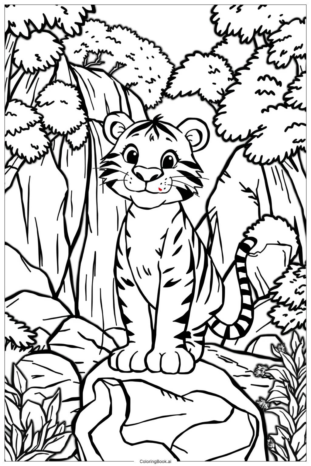  Tiger Waterfall Adventure Coloring Page 