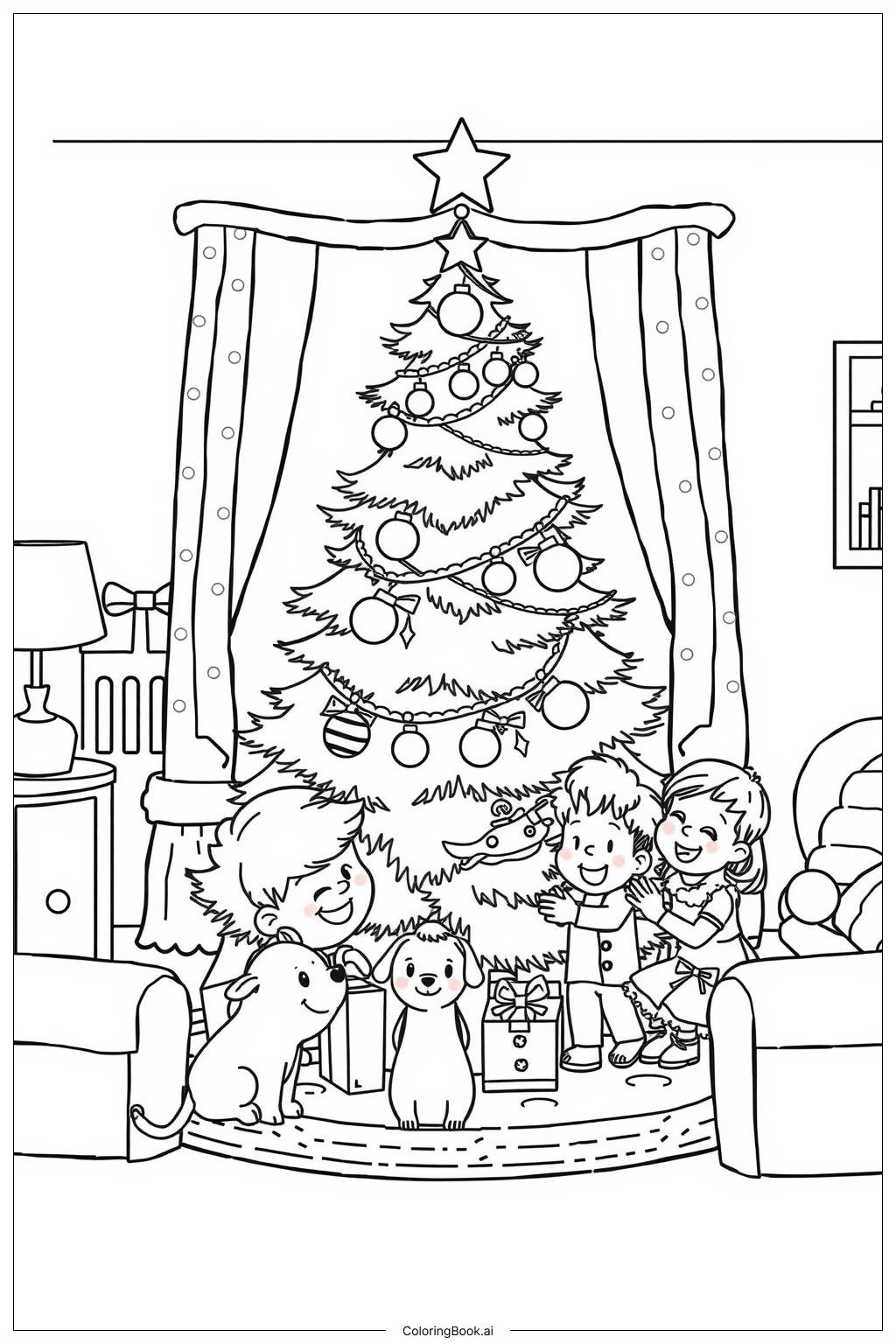  Página para colorear de Reunión Familiar del Árbol de Navidad 