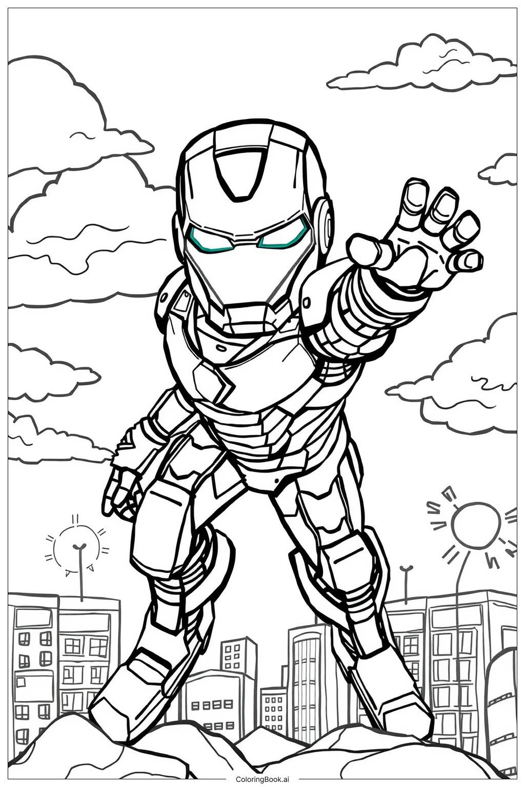  Page de coloriage Iron Man sauvant la situation dans la ville 