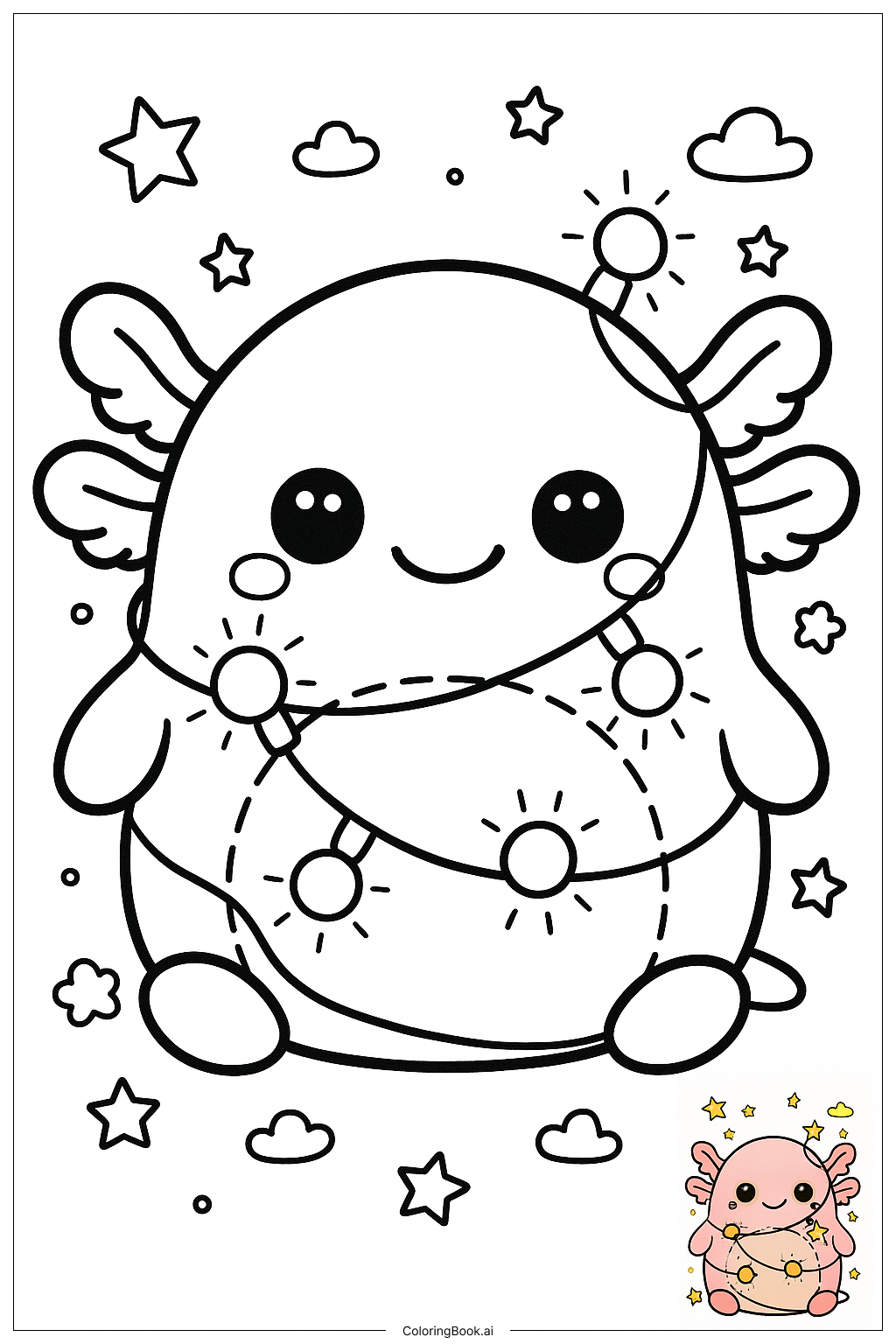  Página para colorear de Squishmallow Axolote Envuelto en Luces de Hadas 
