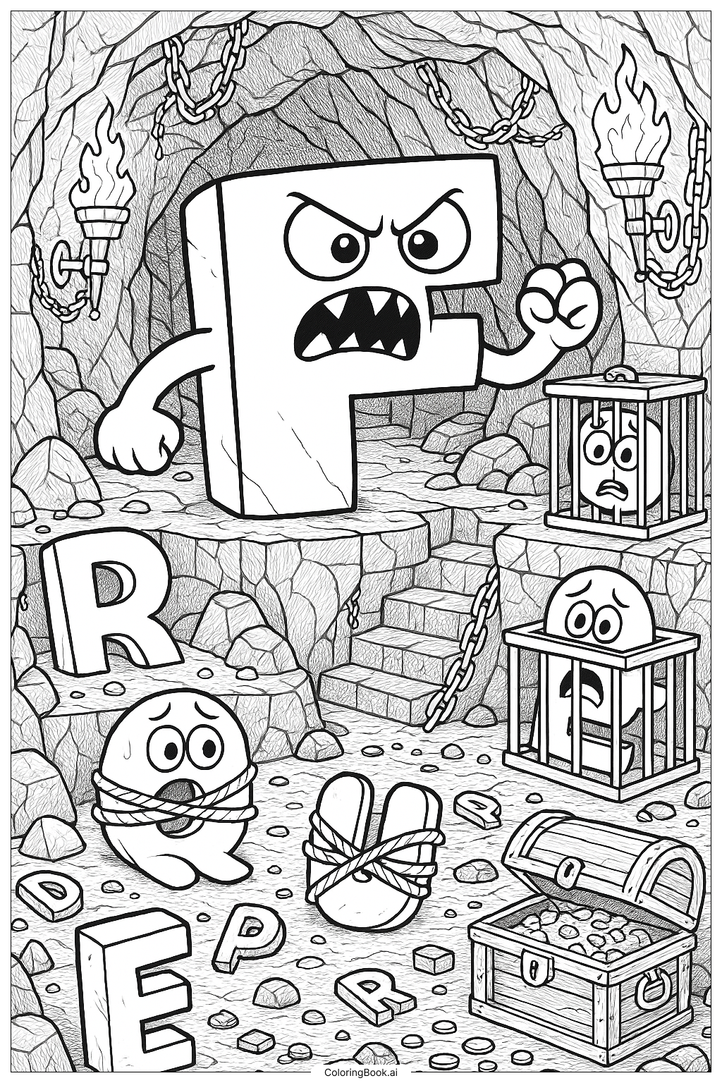 Alphabet Lore F's Lair With Kidnapped Letters Coloring Page