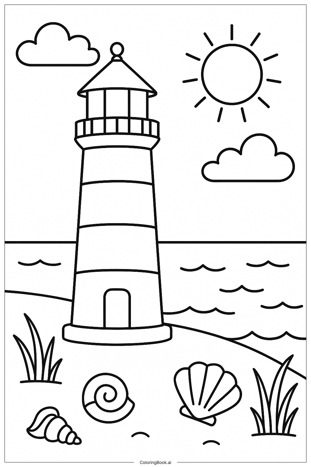  A Summer Scene With A Lighthouse Coloring Page 