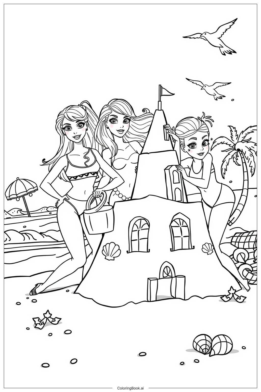  Page de coloriage barbie skipper et stacie construisant un château de sable 