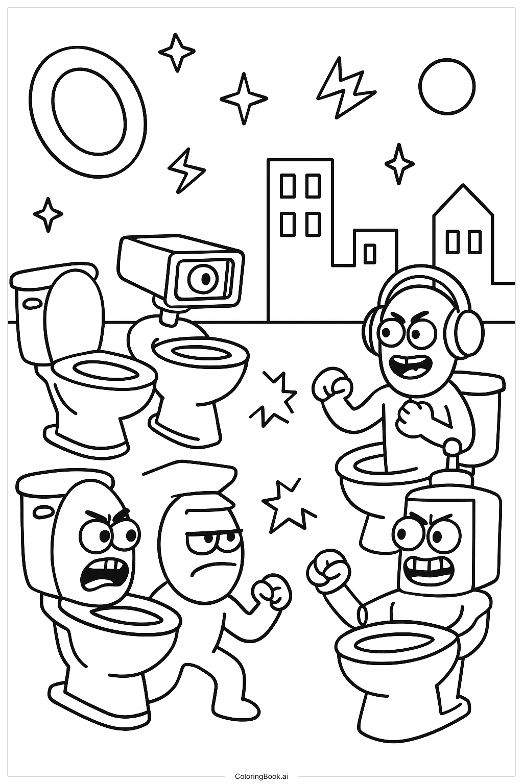  Page de coloriage Scène de Bataille Multivers Skibidi Toilette 