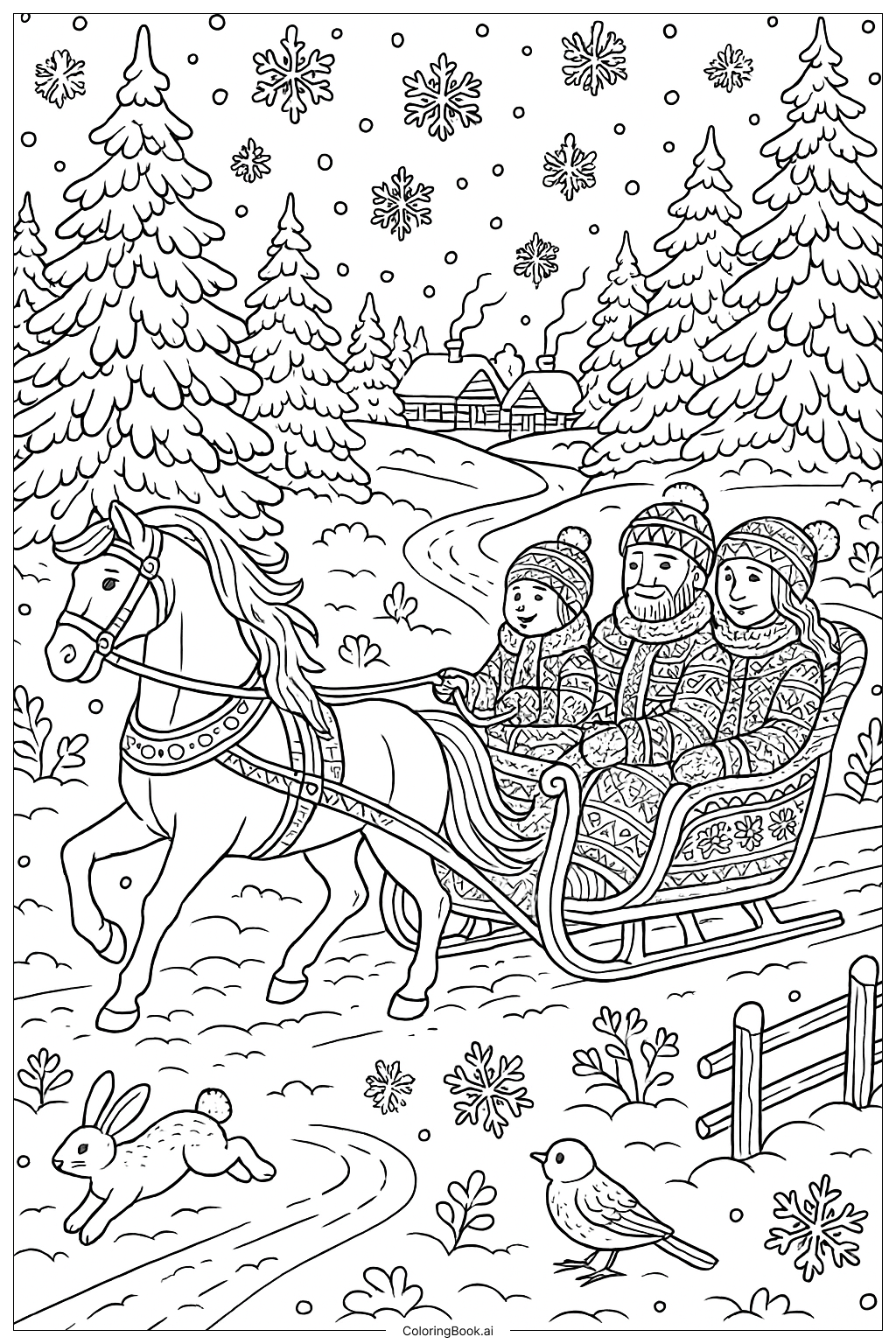  눈 오는 날 썰매 타기 여행 색칠공부 페이지 