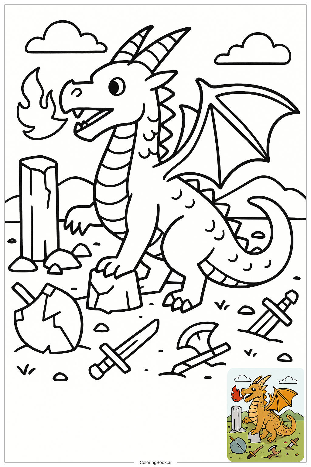  古代の戦場の遺跡にいるドラゴンの塗り絵ページ 