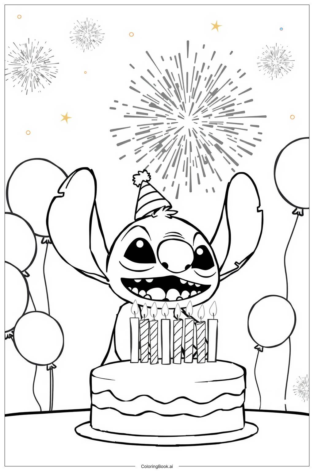  Stitch Celebrating New Year with Fireworks Coloring Page 