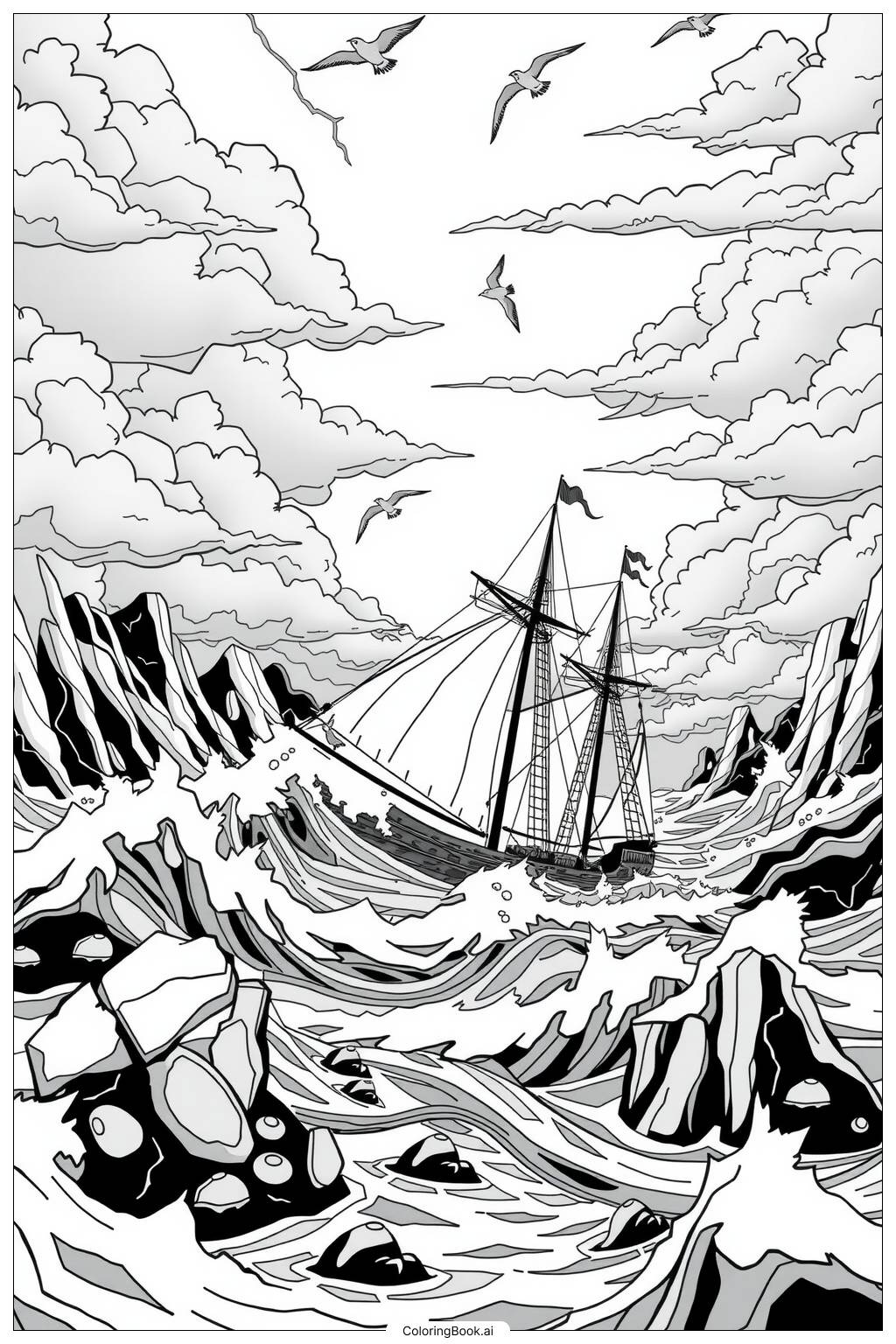  Page de coloriage Bateau dans une aventure en mer agitée 