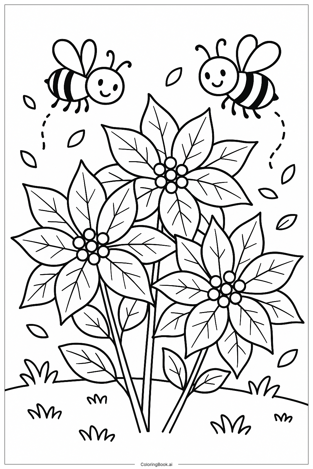 Poinsettia Bloom With Bees Flying Coloring Page