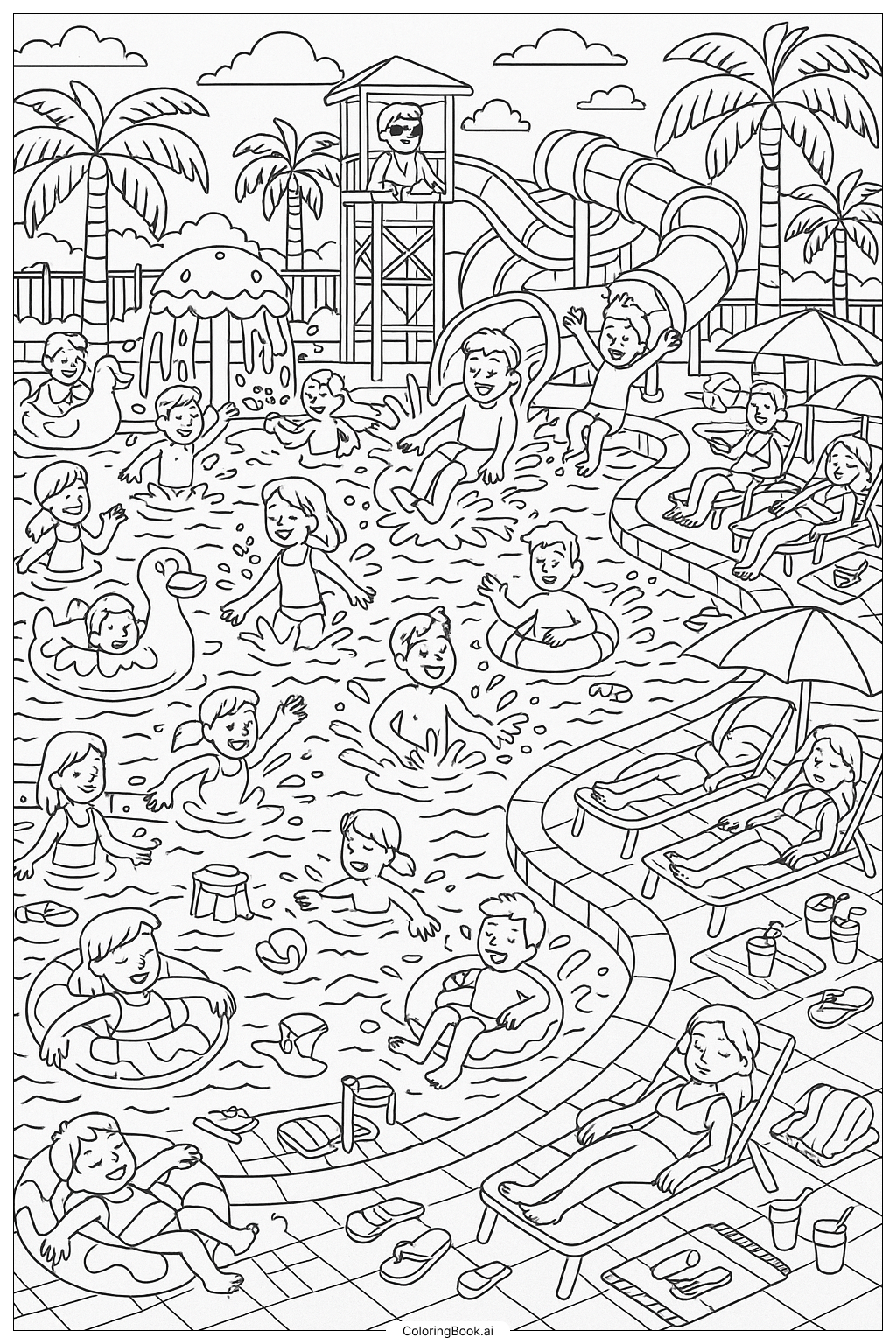  A Crowded Summer Water Park Scene Coloring Page 