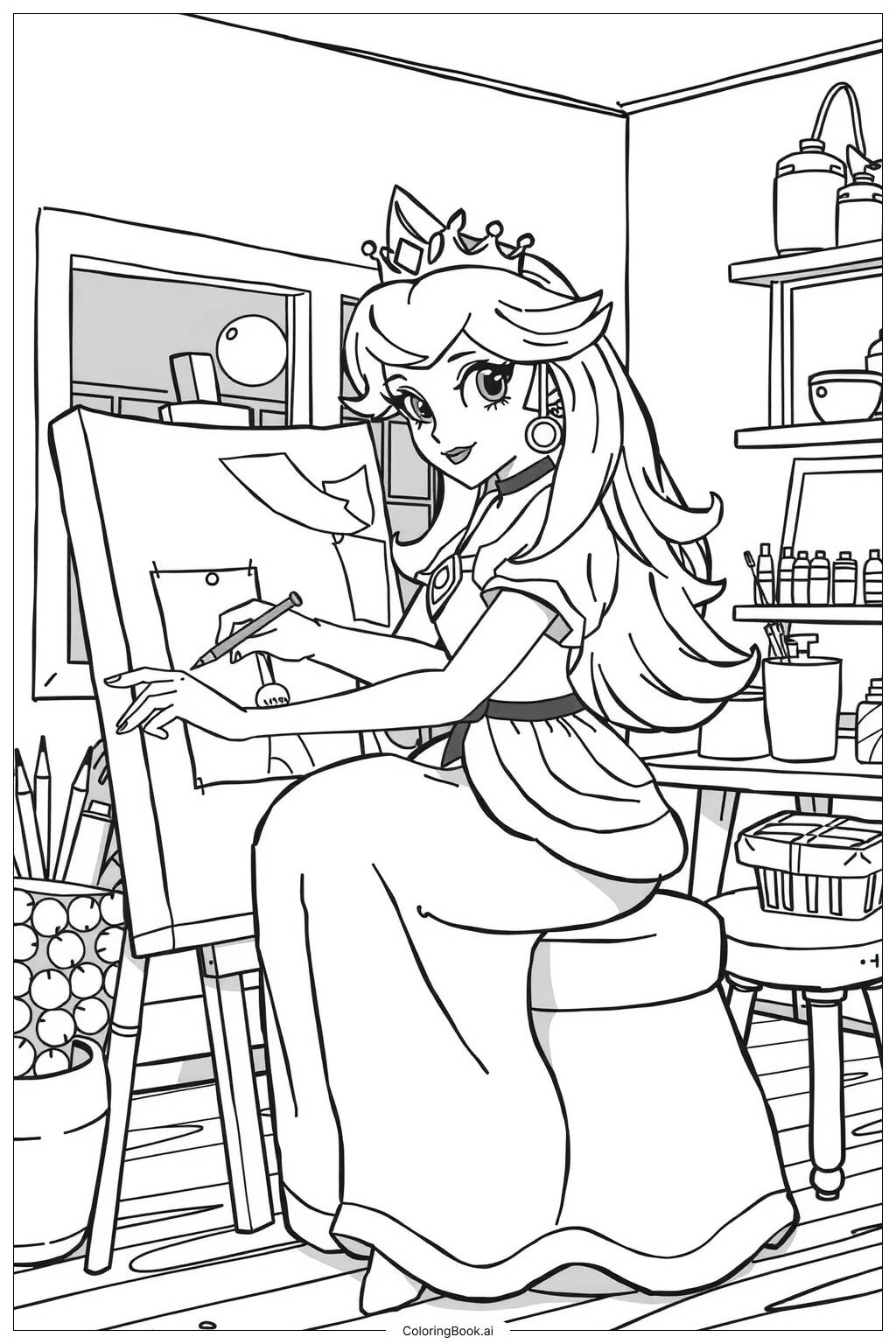  Princess Peach painting a masterpiece in her art studio-2 Coloring Page 